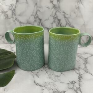 Anthropologie Floral Ombre Coffee Mug Set of 2 Green Blue Rustic Shape Cups